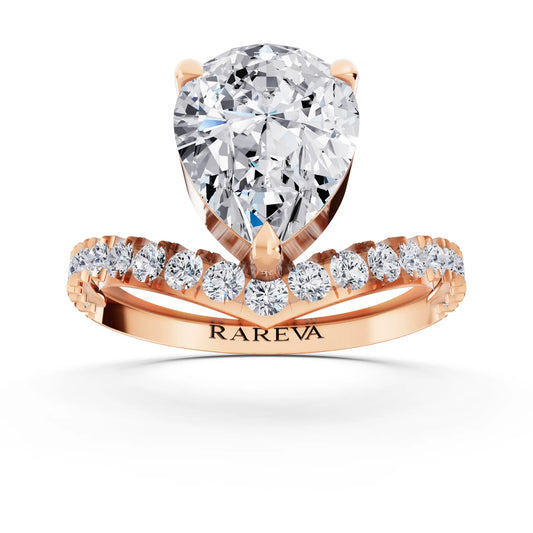 18 KT Rose Gold Pear Cut Diamond Solitaire Ring with Pave Chevron Band - Front