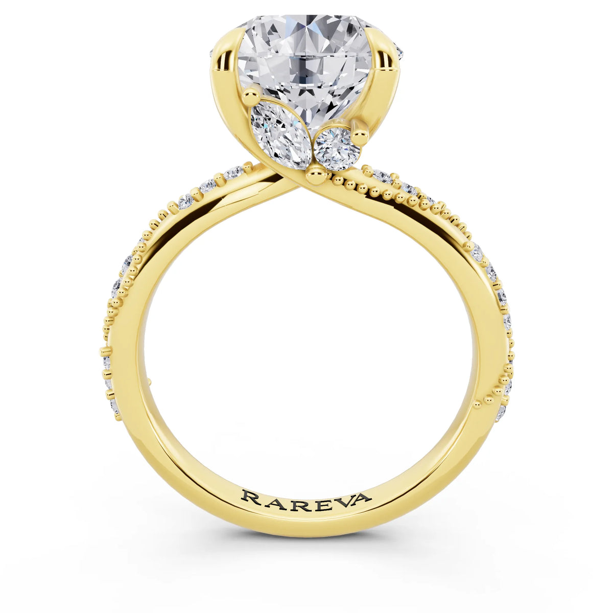 18 KT Yellow Gold Round Cut Diamond Ring with Marquise Accent - through finger