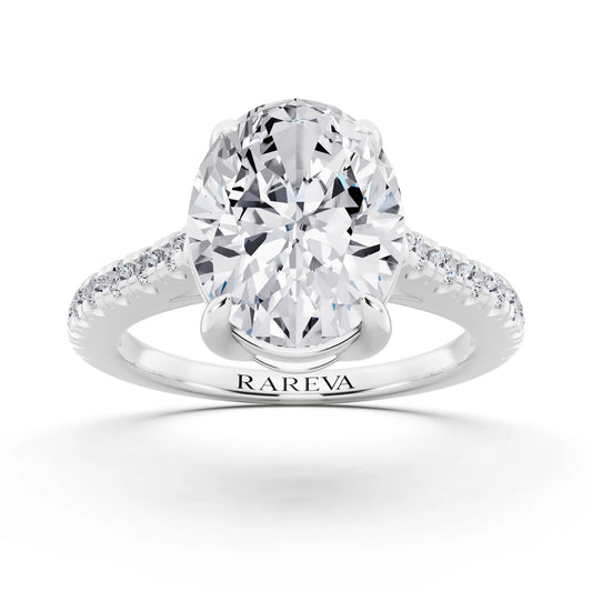 14 KT White Gold Oval Cut Diamond Claw Prong Solitaire Ring with French Pave Band - front view