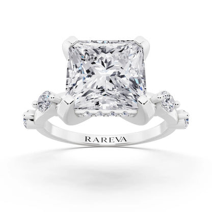 18 KT White Gold Princess Cut Diamond Solitaire Ring with Floating Diamond Accents - front view