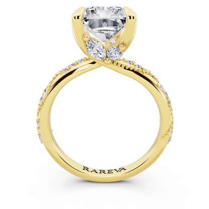 14 KT Yellow Gold Radiant Cut Diamond Ring with Marquise Accent - through finger
