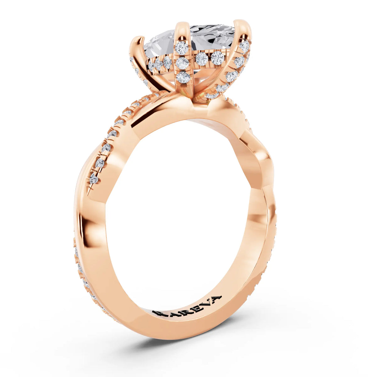 14 KT Rose Gold Marquise Cut Diamond Hidden Halo Ring with Twisted Pave Band - top view