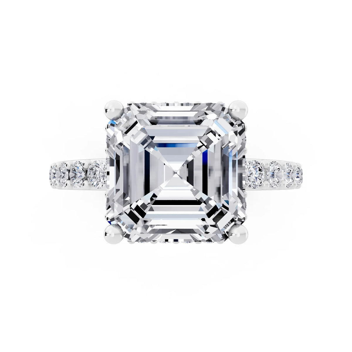 18 KT White Gold Asscher Cut Diamond Solitaire Ring with Hidden Halo and Pave Band - top angle