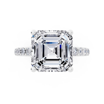 18 KT White Gold Asscher Cut Diamond Solitaire Ring with Hidden Halo and Pave Band - top angle
