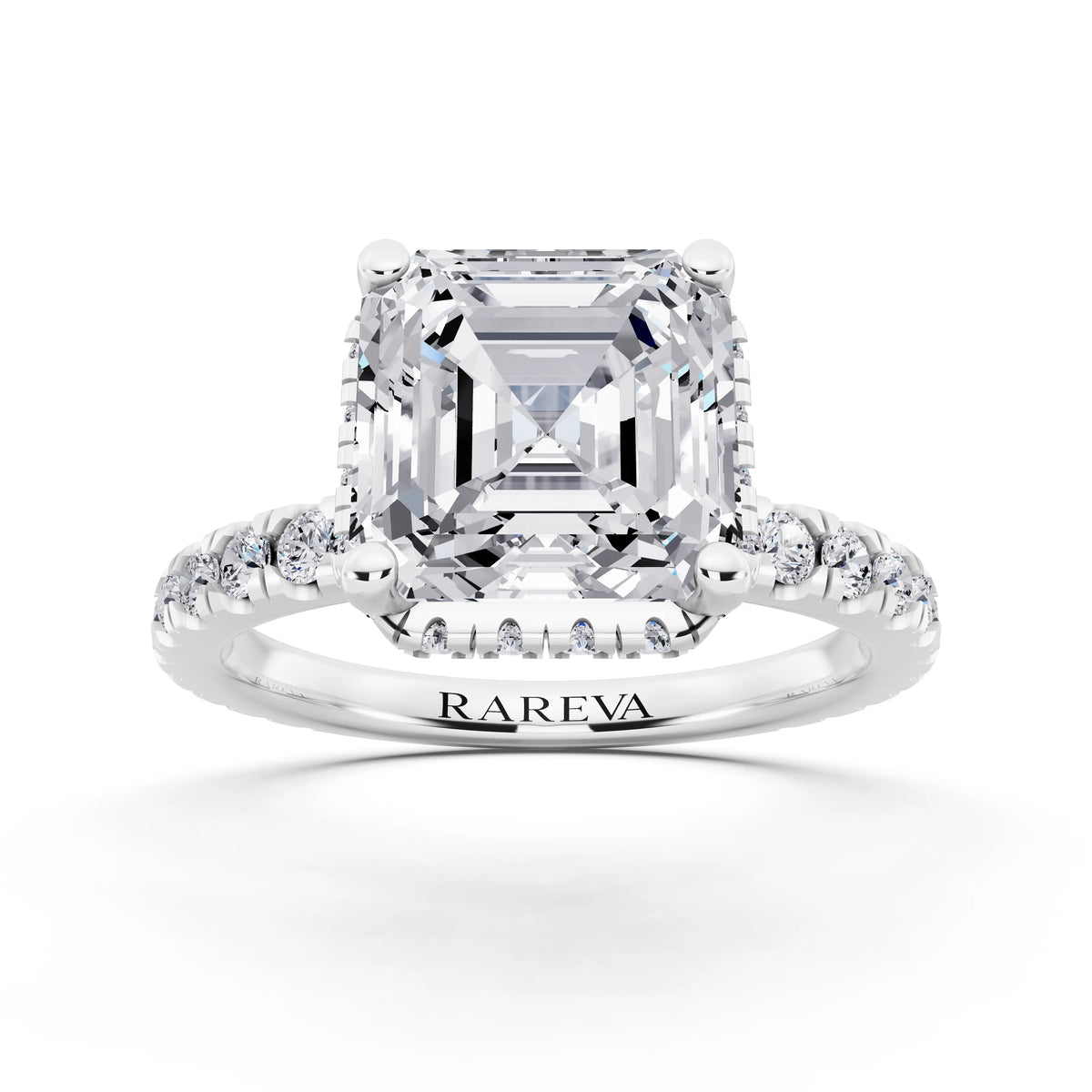14 KT White Gold Asscher Cut Diamond Hidden Halo Ring with Pave Band - front view