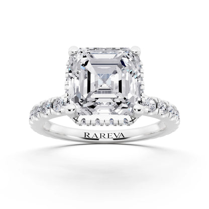 14 KT White Gold Asscher Cut Diamond Hidden Halo Ring with Pave Band - front view