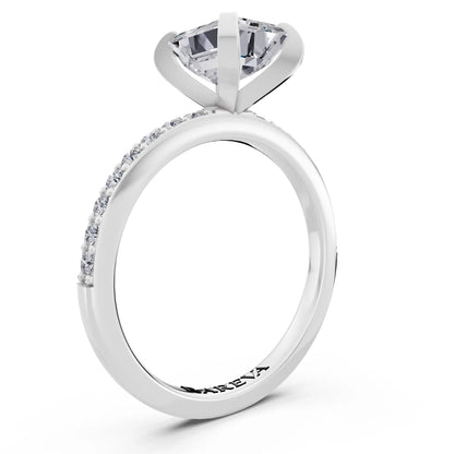 18 KT White Gold Emerald Cut Diamond Solitaire Ring with Pave Shank - top view