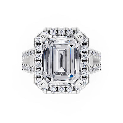 14 KT White Gold Emerald Cut Diamond Halo Ring with Pave Split Shank - top angle