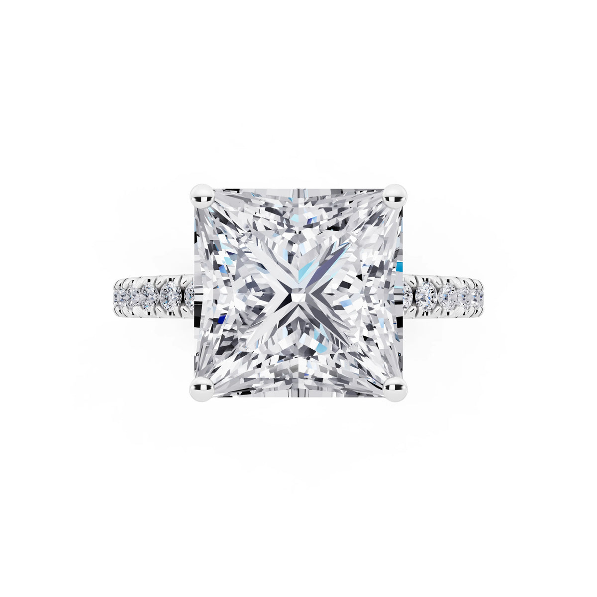 18 KT White Gold Princess Cut Diamond Solitaire Ring with Pave Eternity Band - top angle