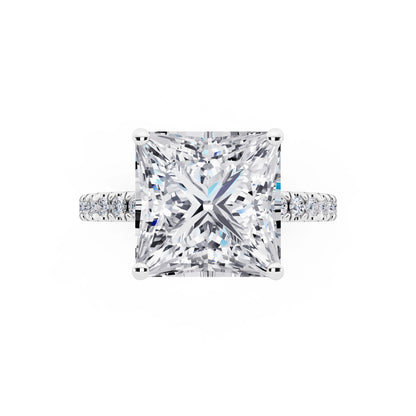 18 KT White Gold Princess Cut Diamond Solitaire Ring with Pave Eternity Band - top angle