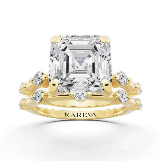 18 KT Yellow Gold Asscher Cut Diamond Ring with Floating Accent Band - front view