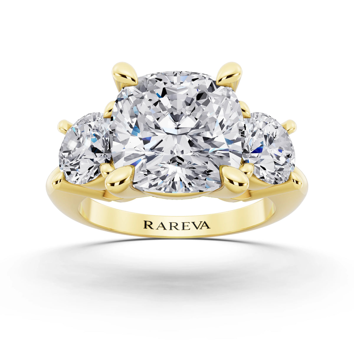 14 KT Yellow Gold Cushion Cut Diamond Three Stone Ring with Round Accents - front view