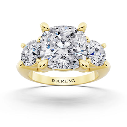 14 KT Yellow Gold Cushion Cut Diamond Three Stone Ring with Round Accents - front view