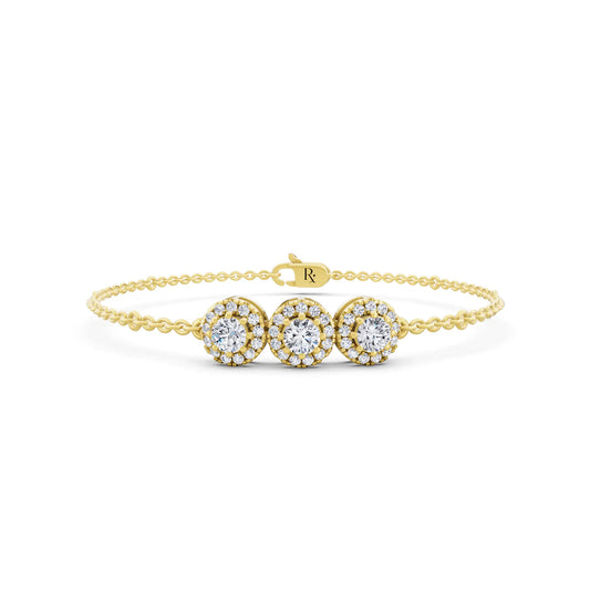 10K Yellow Gold Three Stone Round Halo Diamond Chain Bracelet - Main