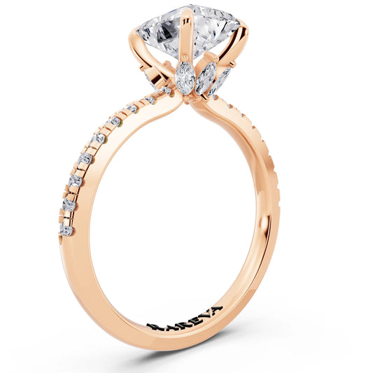 14 KT Rose Gold Radiant Cut Diamond Solitaire Ring with Marquise Collar - top view