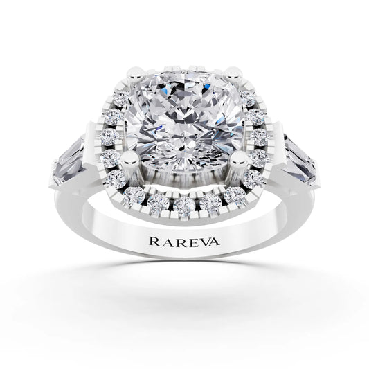 Platinum Cushion Cut Diamond Halo Ring with Baguette Accents - front view
