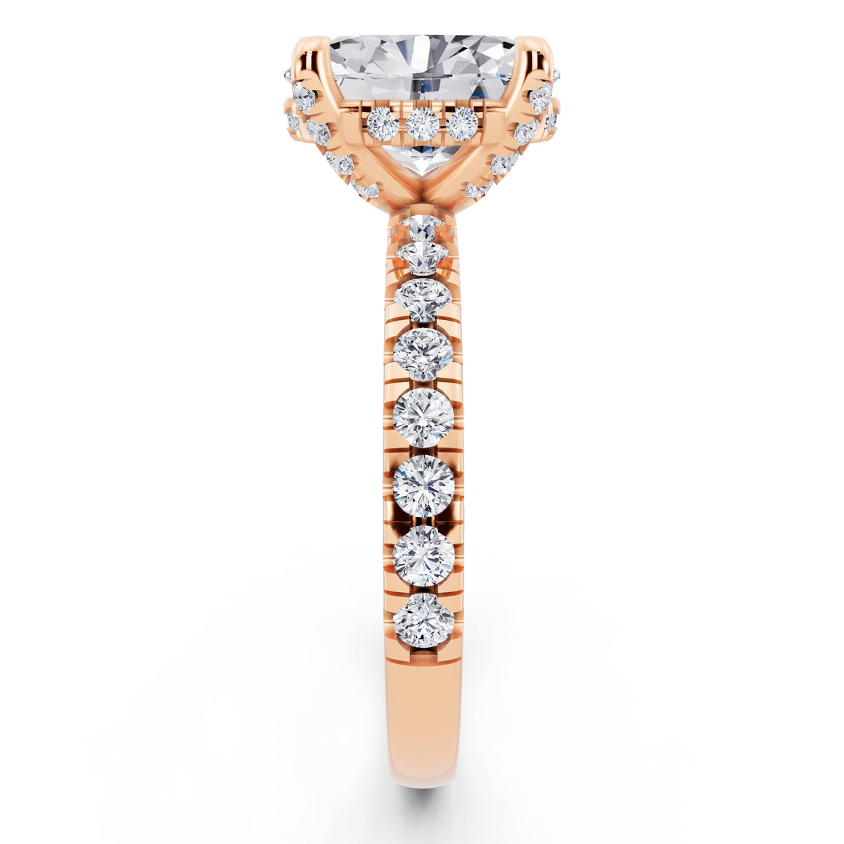 18 KT Rose Gold Oval Cut Diamond Hidden Halo Ring with Pave Shank - side view