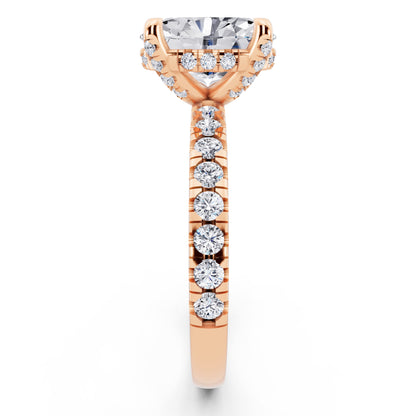 18 KT Rose Gold Oval Cut Diamond Hidden Halo Ring with Pave Shank - side view