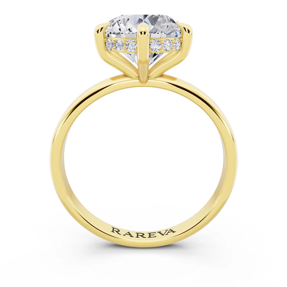 18 KT Yellow Gold Round Cut Diamond Hidden Halo Solitaire Ring - through finger