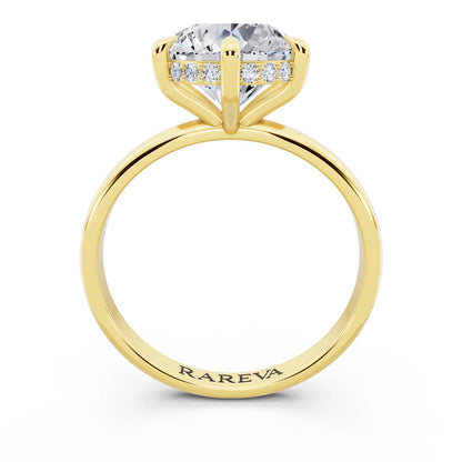 18 KT Yellow Gold Round Cut Diamond Hidden Halo Solitaire Ring - through finger