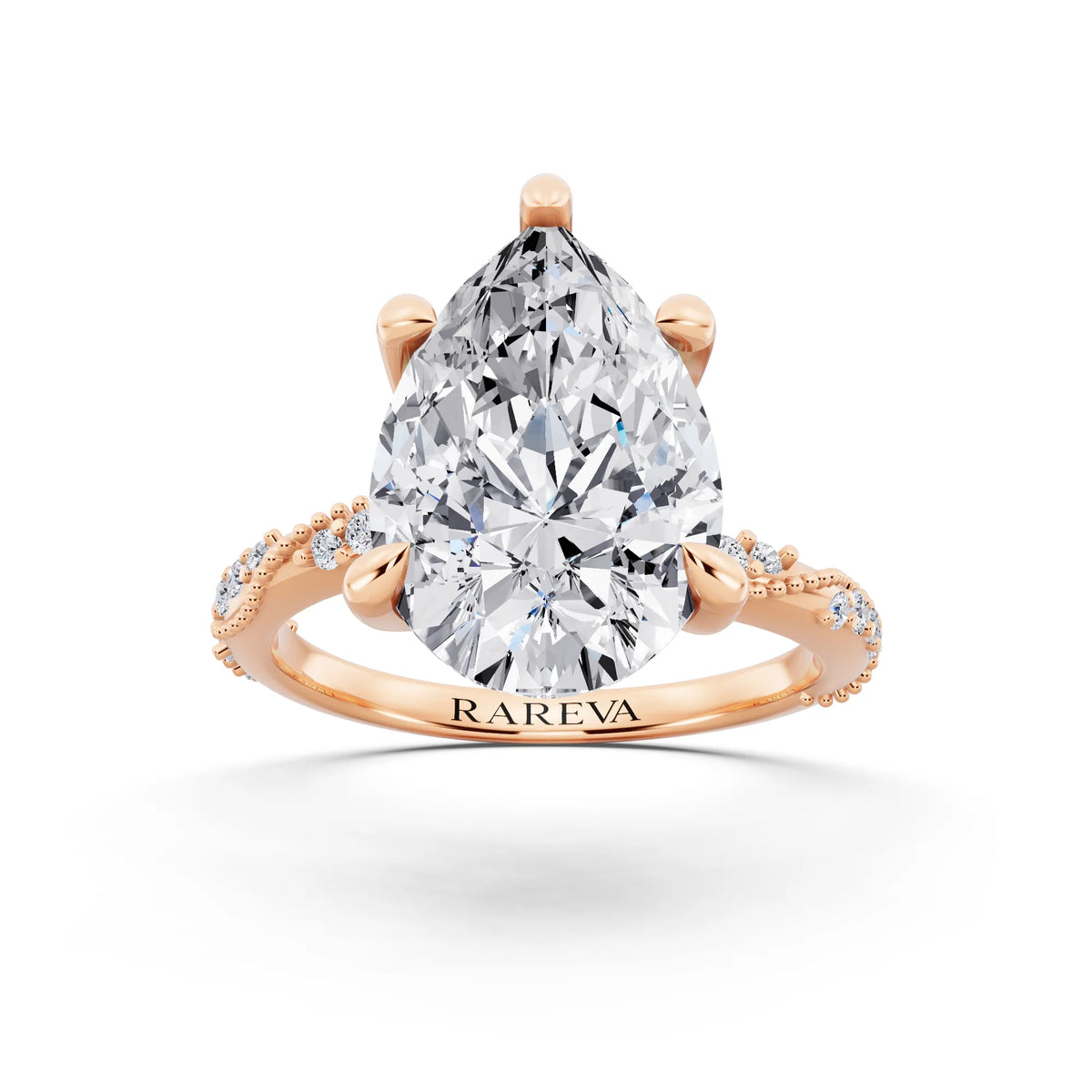 14 KT Rose Gold Pear Cut Diamond Ring with Marquise Accent - front view