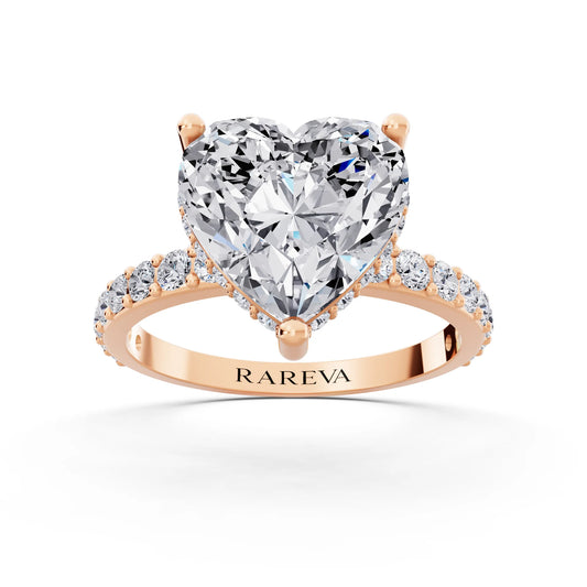 18 KT Rose Gold Heart Cut Diamond Solitaire Ring with Hidden Halo and Pave Band - front view
