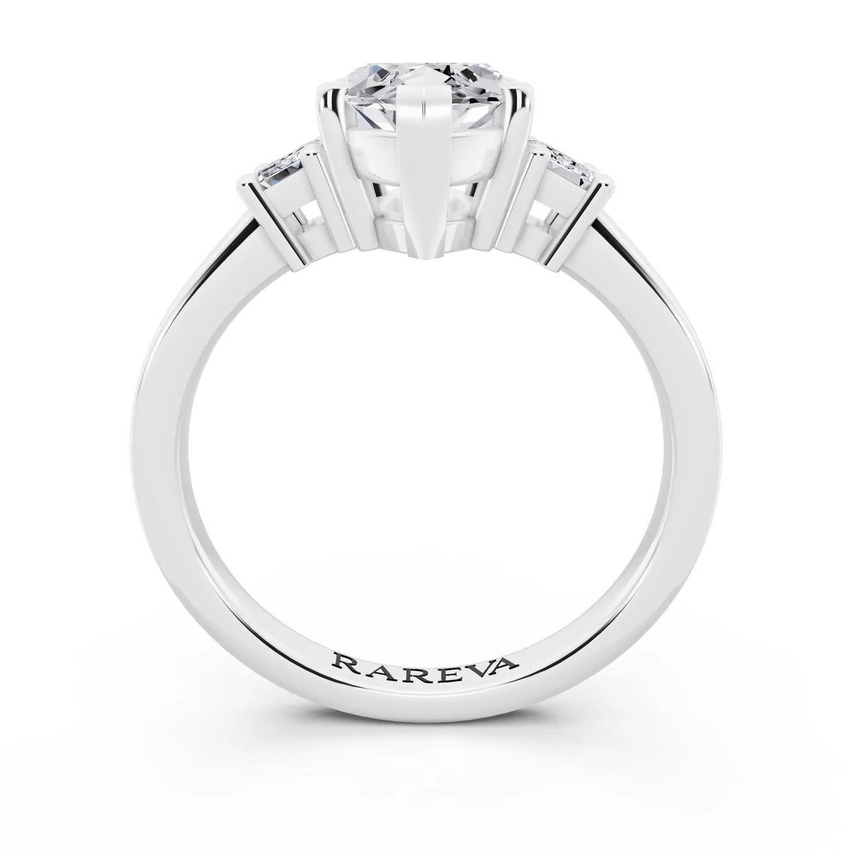 Platinum Marquise Cut Diamond Three Stone Emerald Accent Ring - through finger