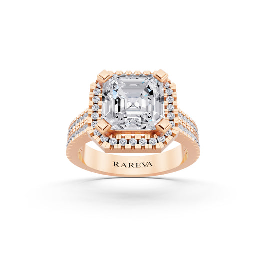 18 KT Rose Gold Asscher Cut Diamond Halo Ring with Twin Pave Band - front view
