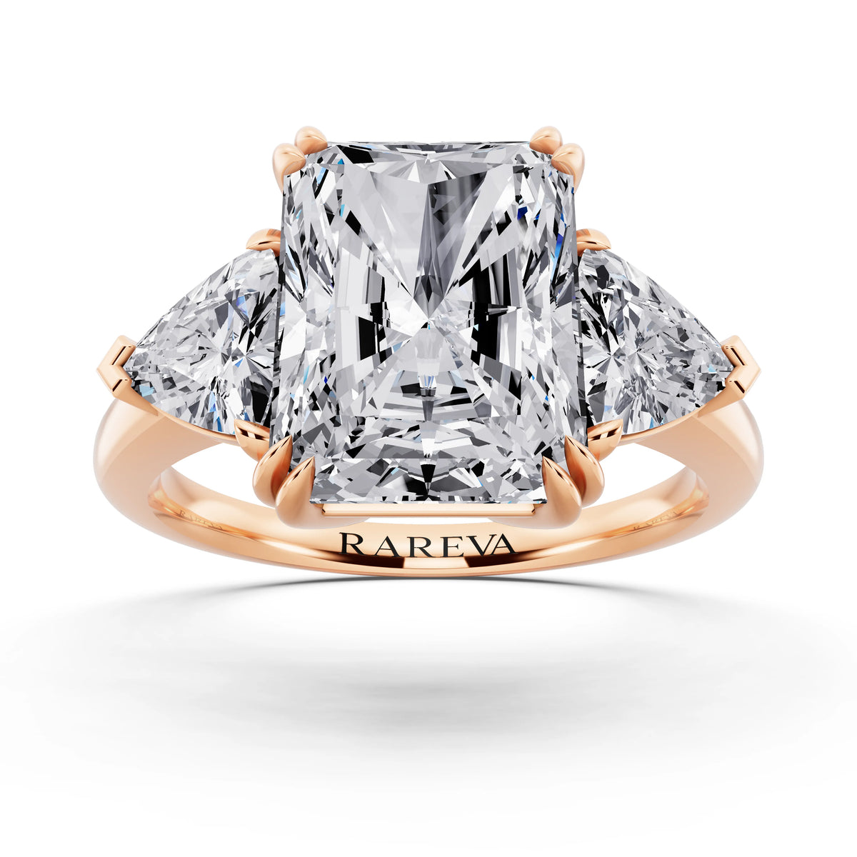 18 KT Rose Gold Radiant Cut Diamond Three Stone Ring with Trillion Accents - front view