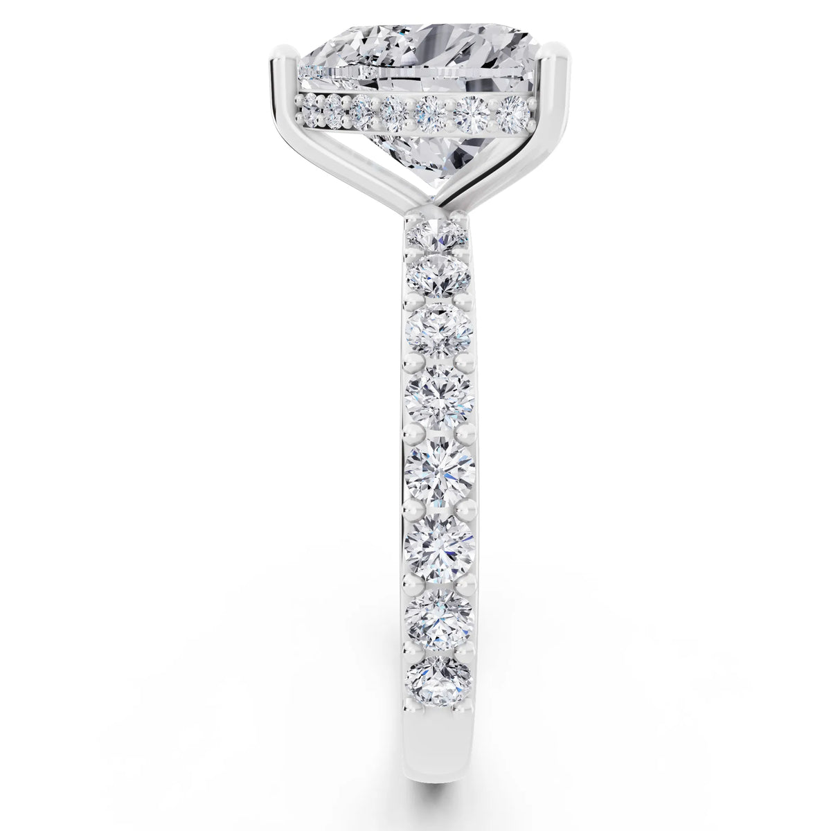 18 KT White Gold Heart Cut Diamond Solitaire Ring with Hidden Halo and Pave Band - side view