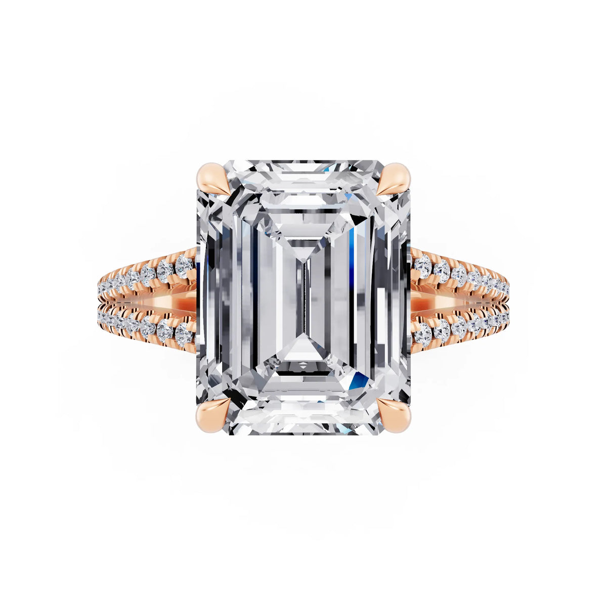 14 KT Rose Gold Emerald Cut Diamond Ring with Pavé Split Shank - top angle
