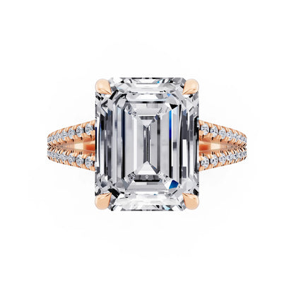 14 KT Rose Gold Emerald Cut Diamond Ring with Pavé Split Shank - top angle