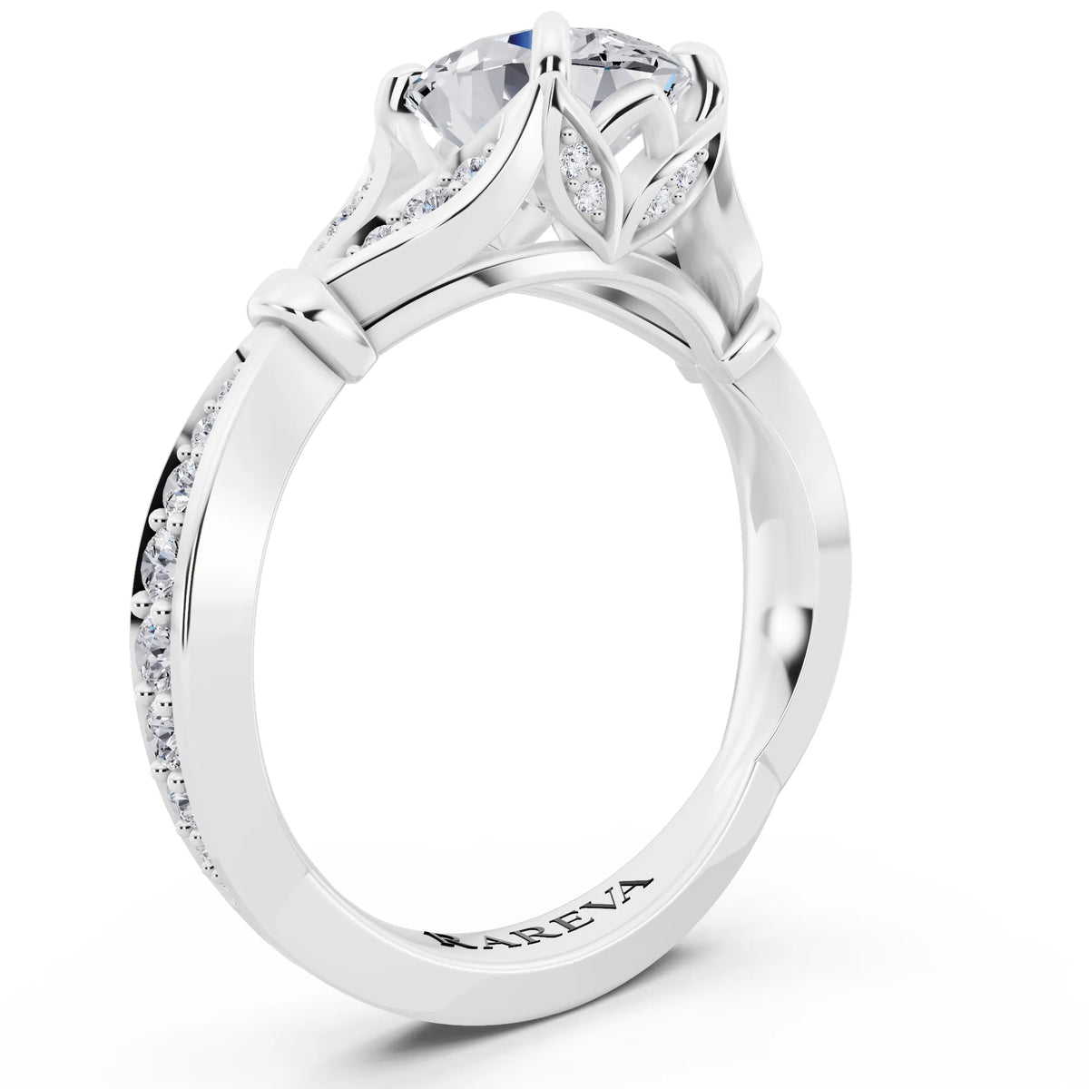 Platinum Oval Cut Diamond Ring with Lotus Collar - top view