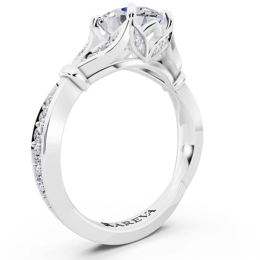 Platinum Oval Cut Diamond Ring with Lotus Collar - top view