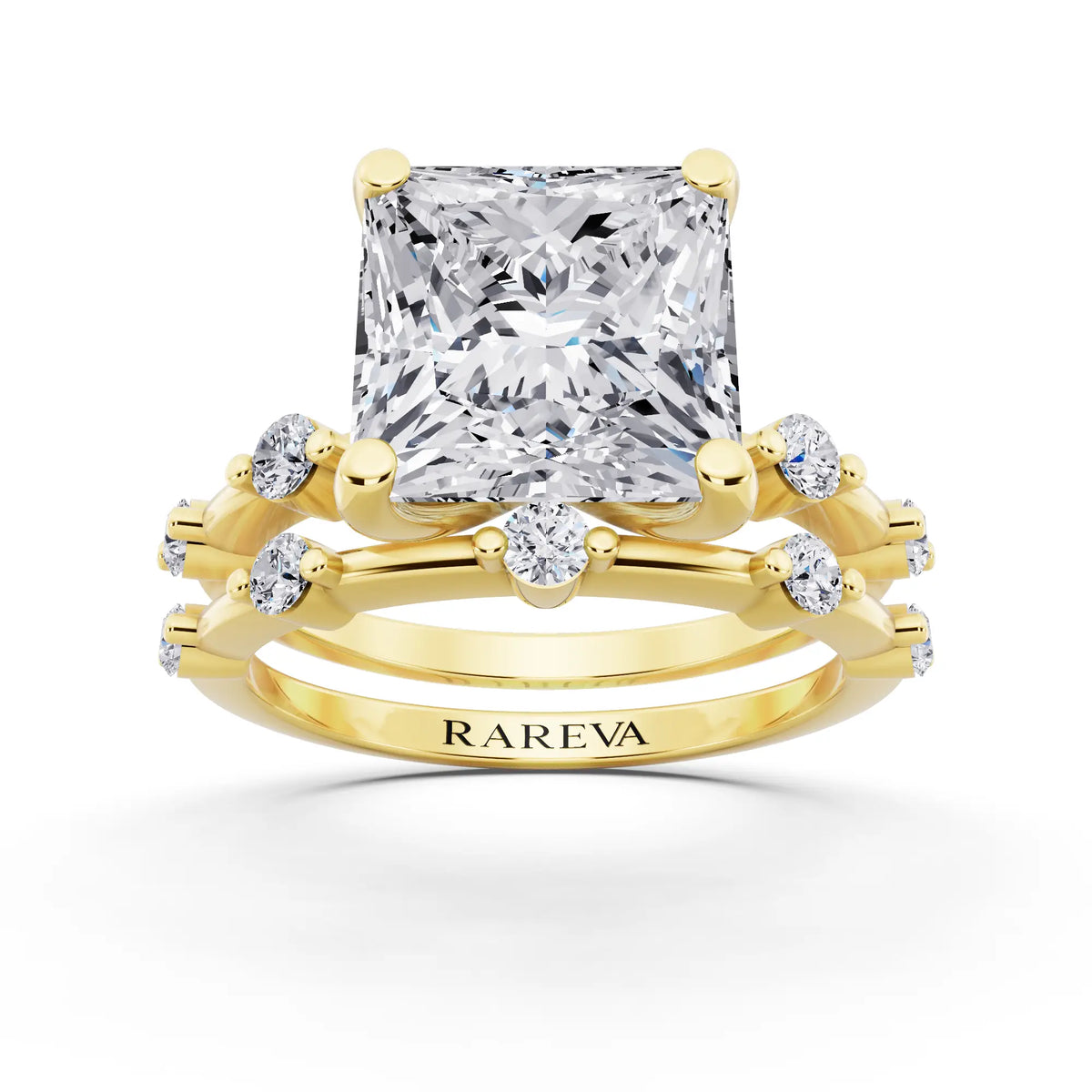 14 KT Yellow Gold Princess Cut Diamond Ring with Floating Accent Band - front view