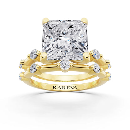 14 KT Yellow Gold Princess Cut Diamond Ring with Floating Accent Band - front view