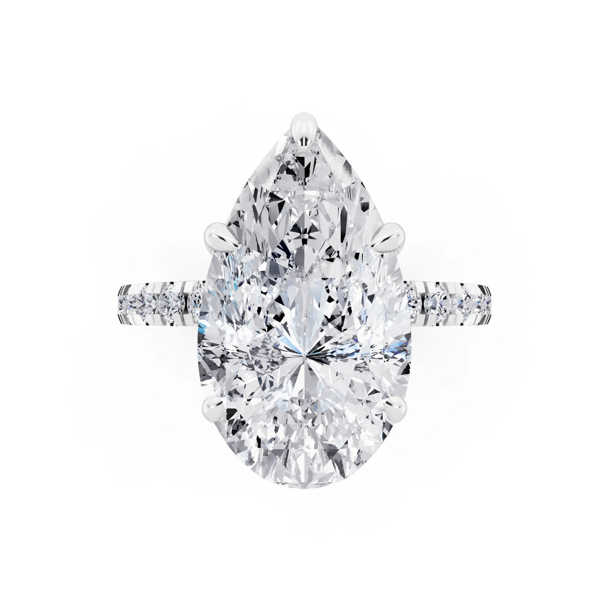 14 KT White Gold Pear Cut Diamond Hidden Halo Tiger Prong Pave Band Ring - top angle
