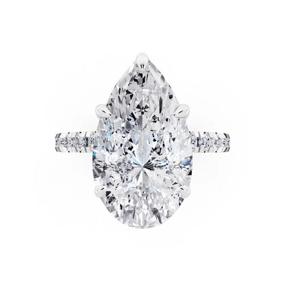 14 KT White Gold Pear Cut Diamond Hidden Halo Tiger Prong Pave Band Ring - top angle