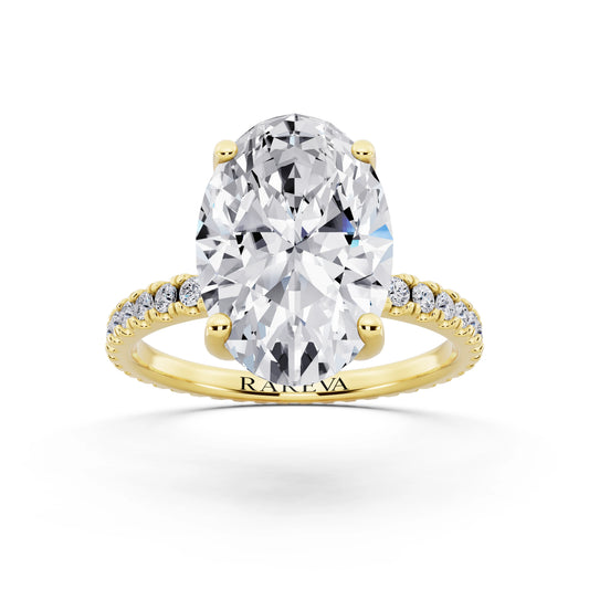 18 KT Yellow Gold Oval Cut Diamond Solitaire Ring with Pave Eternity Band - front view