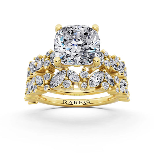 14 KT Yellow Gold Cushion Cut Diamond Ring with Marquise Cluster Band - front view