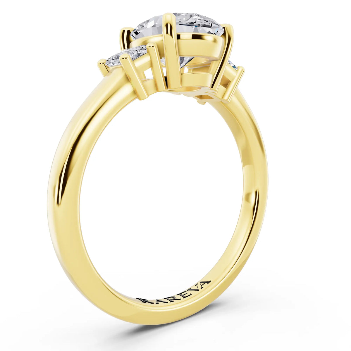 18 KT Yellow Gold Oval Cut Diamond Three Stone Emerald Accent Ring - top view