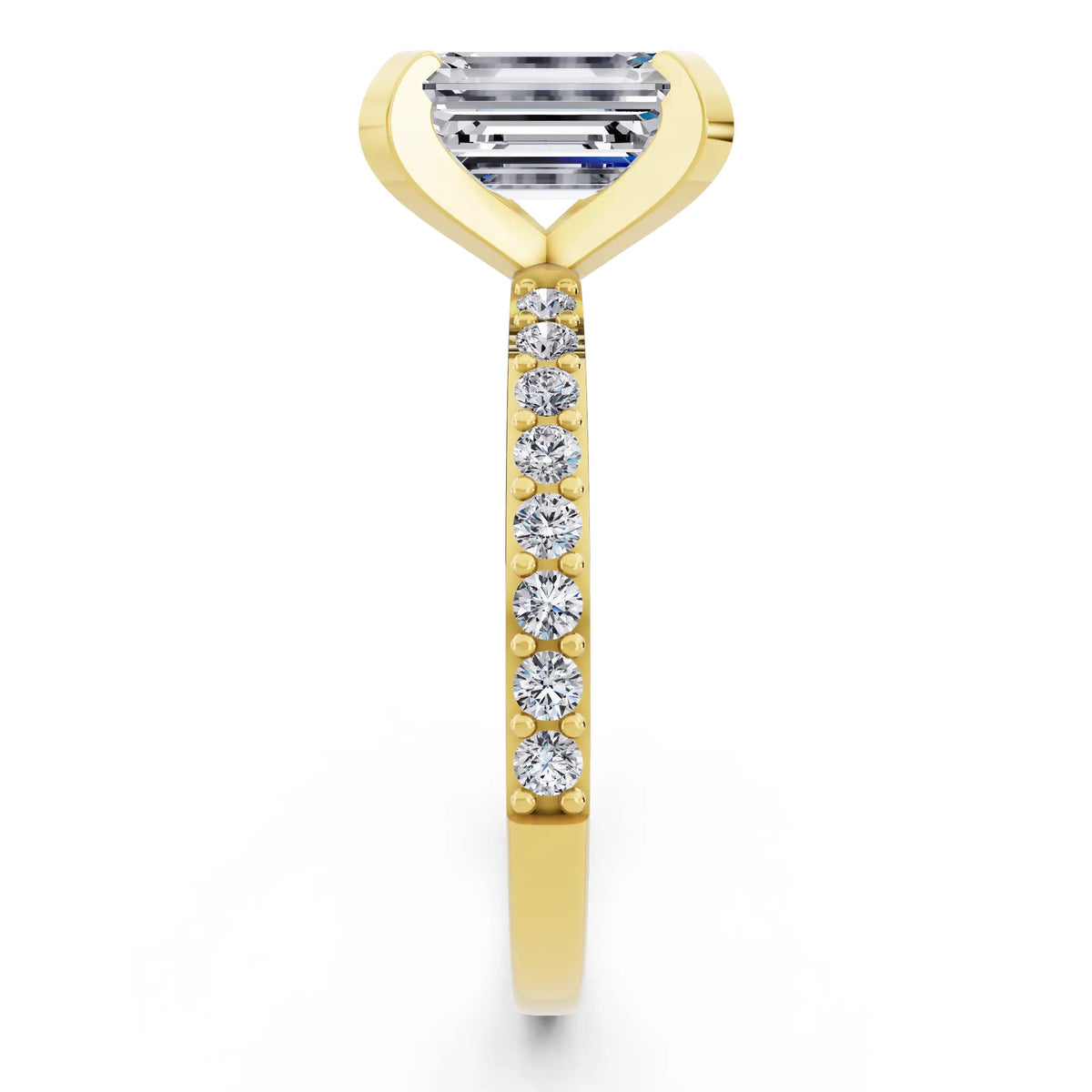 18 KT Yellow Gold Emerald Cut Diamond Solitaire Ring with Pave Shank - side view