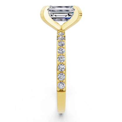 18 KT Yellow Gold Emerald Cut Diamond Solitaire Ring with Pave Shank - side view