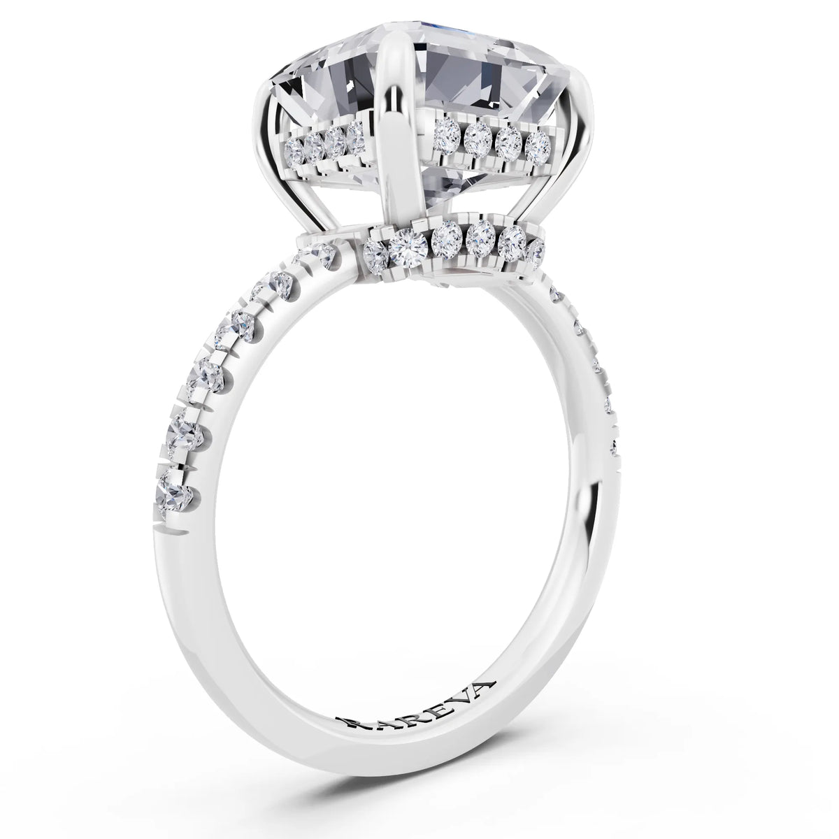 Platinum Asscher Cut Diamond Hidden Halo Tiger Prong Pave Band Ring - top view