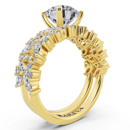 18 KT Yellow Gold Round Cut Diamond Ring with Marquise Cluster Band - top view