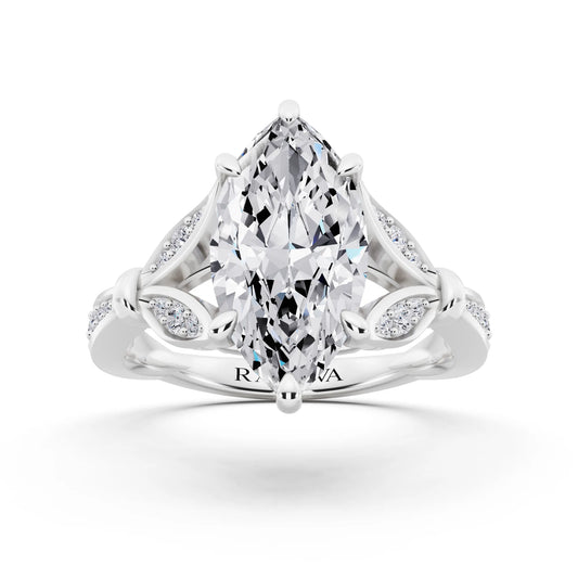 Platinum Marquise Cut Diamond Ring with Lotus Collar - front view