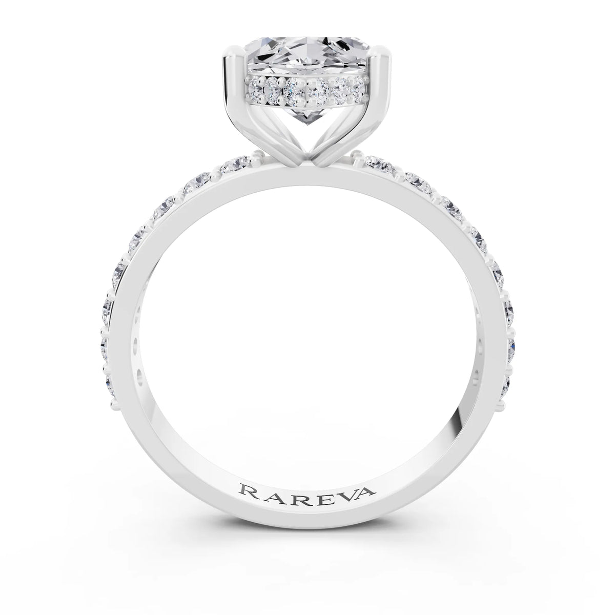 18 KT White Gold Marquise Cut Diamond Solitaire Ring with Hidden Halo and Pave Band - through finger