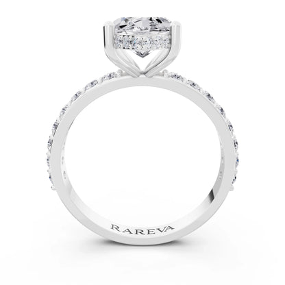18 KT White Gold Marquise Cut Diamond Solitaire Ring with Hidden Halo and Pave Band - through finger