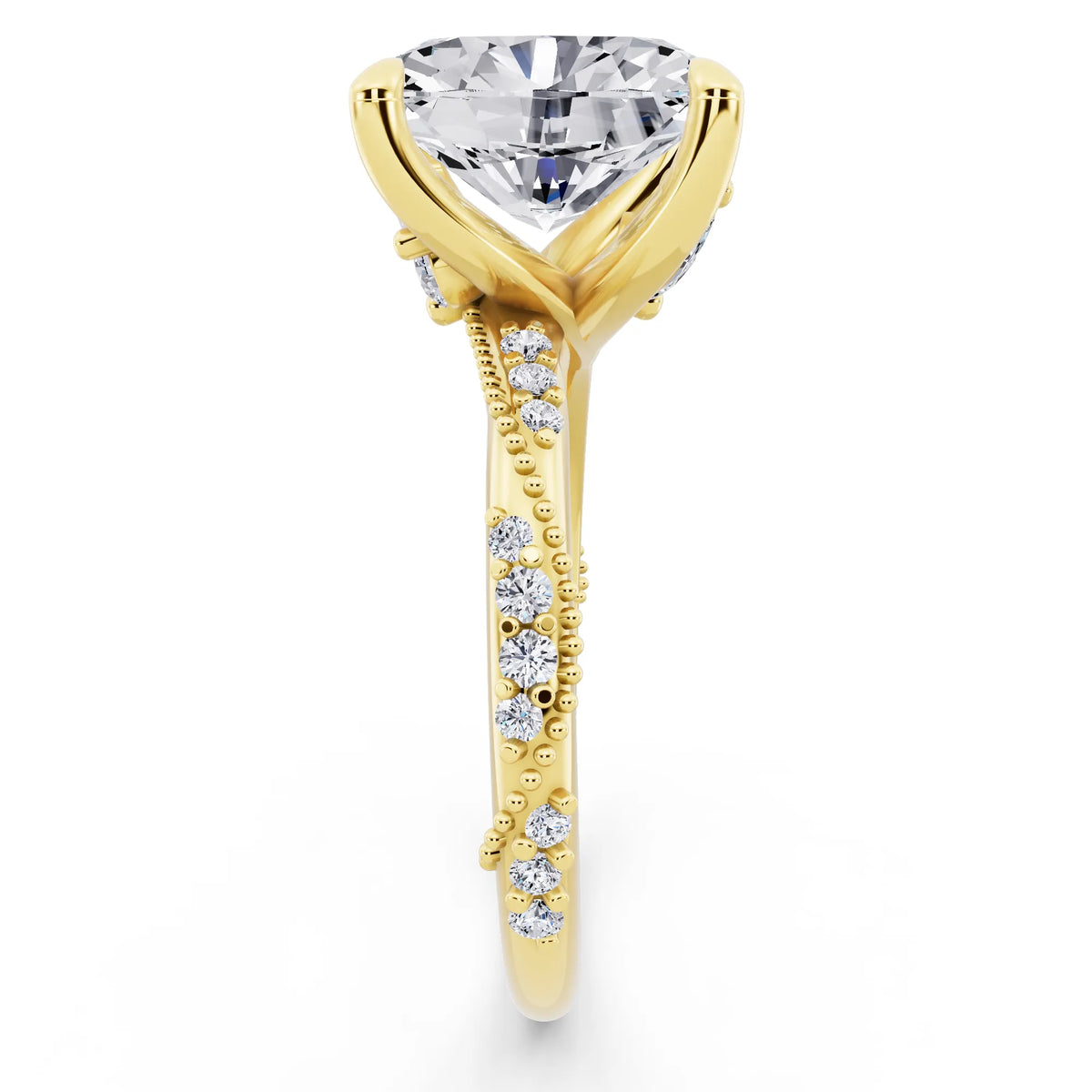 18 KT Yellow Gold Oval Cut Diamond Ring with Marquise Accent - side view