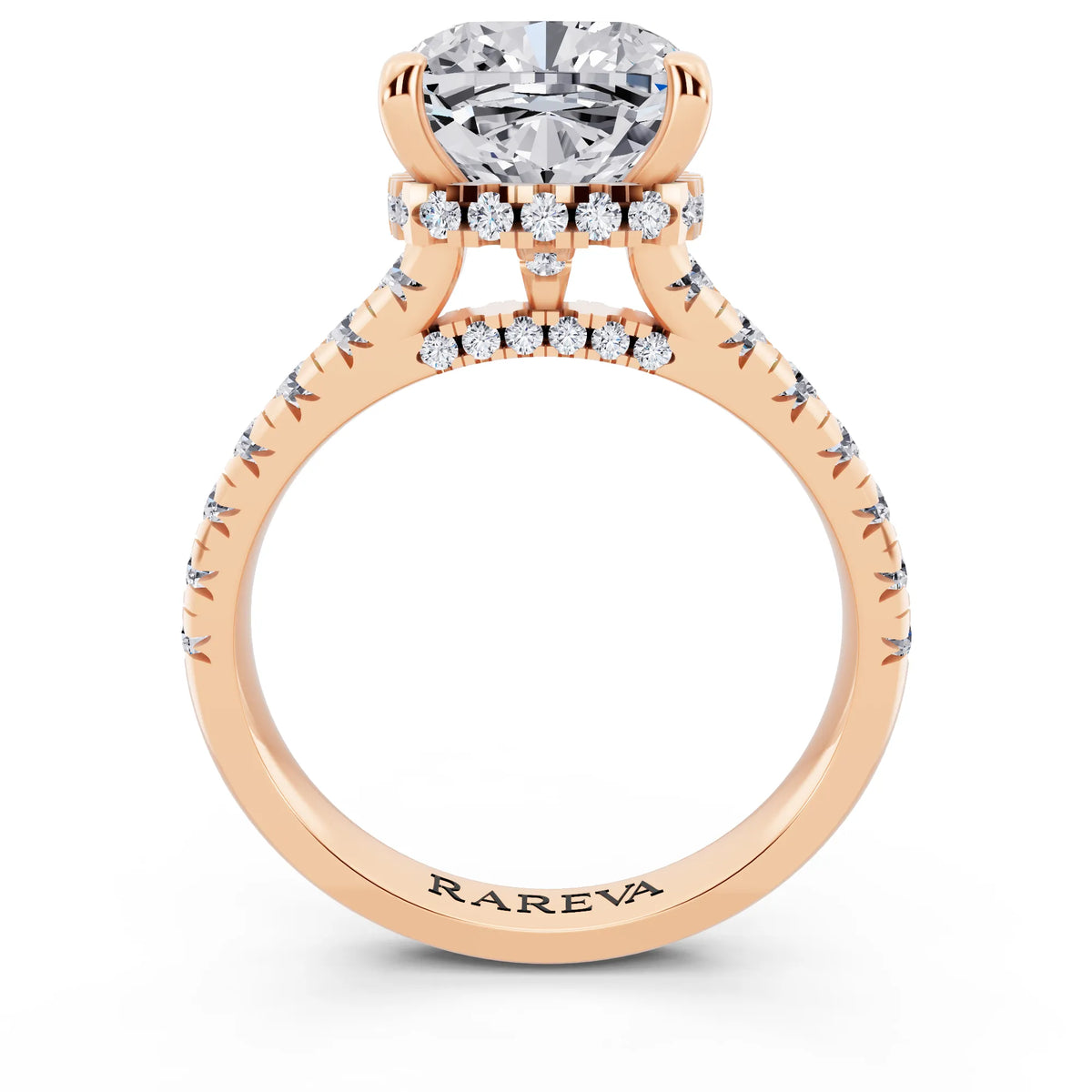 14 KT Rose Gold Cushion Cut Diamond Ring with Hidden Halo - through finger